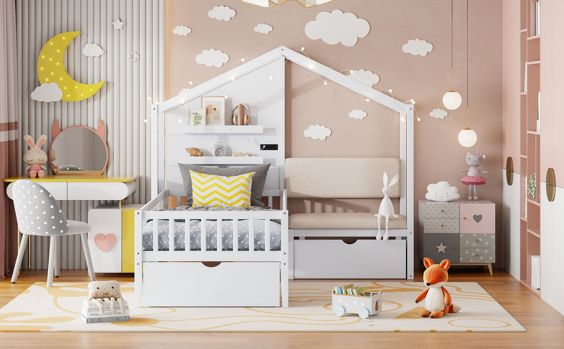 House Bed With Upholstered Sofa, Wireless Charging Station, Shelves And 2 Drawers