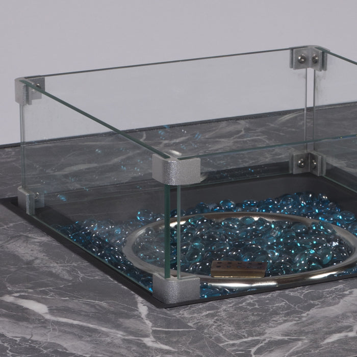 Morden Steel Fire Pit Table With Marble Tile Tabletop, Glass Wind Guard And Lid