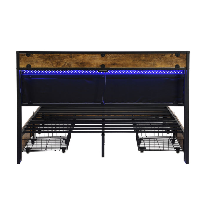 Contemporary Bed Frame With Storage Headboard, Charging Station, LED Lights