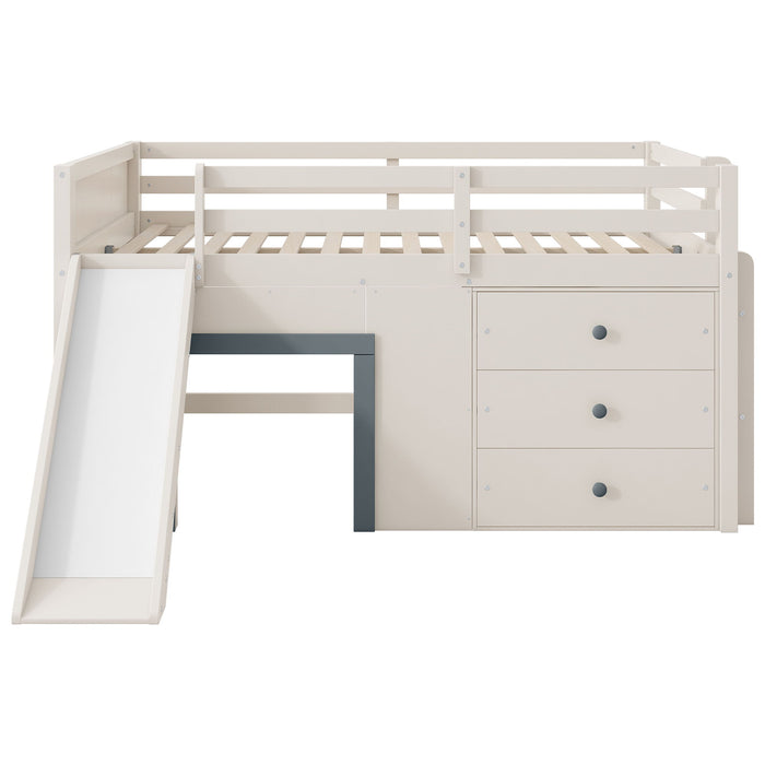 Modern Low Loft Bed With Slide, 3 Storage Drawers, And 2 Doors