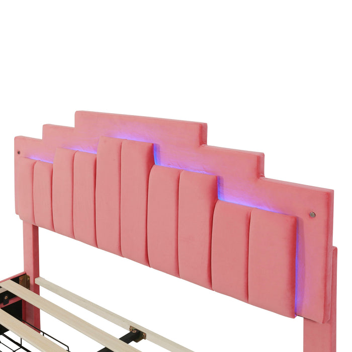 Queen Size Upholstered Platform Bed With LED Lights And 4 Drawers, Stylish Irregular Metal Bed Legs Design - Pink
