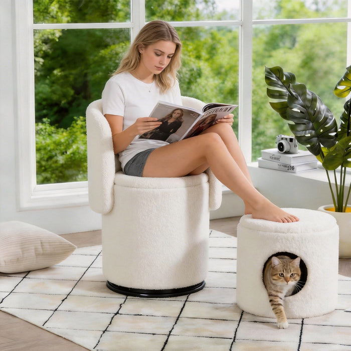 Barrel Chair & Built In Storage, 360° Swivel - Beige
