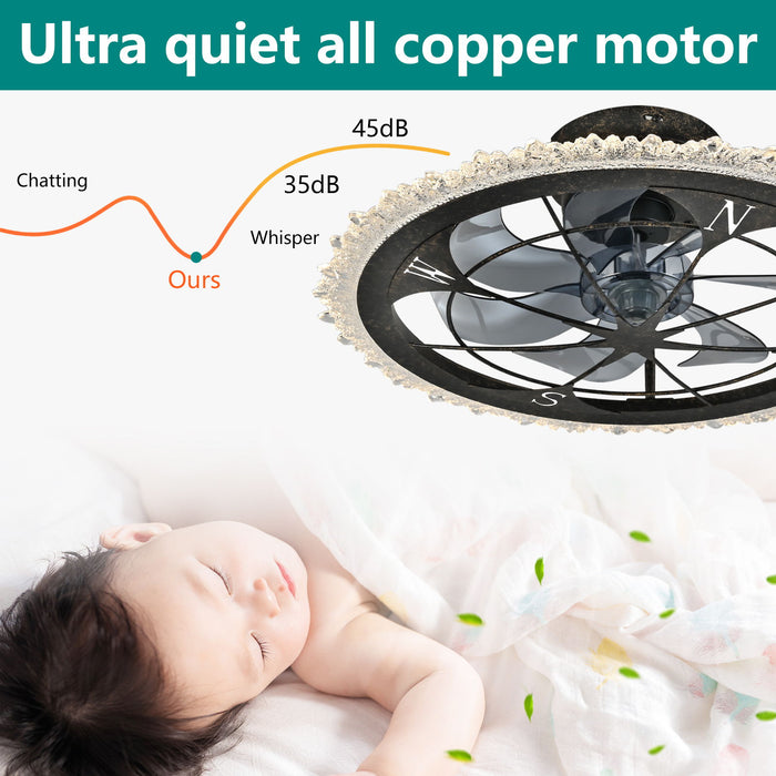 Caged Ceiling Fan & Remote Controlled Dimmable LED Lights, Flush Mount Fan, Low Profile Design - Antique Black