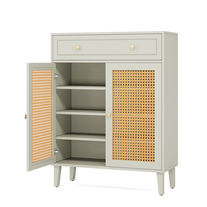 Shoe Cabinet With Rattan Doors And Drawer, 4 Tier Storage Organizer - Mint Green