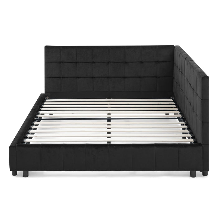 Mid-Century Storage Upholstered Tufted Bed Frame With Backrest And Armrests