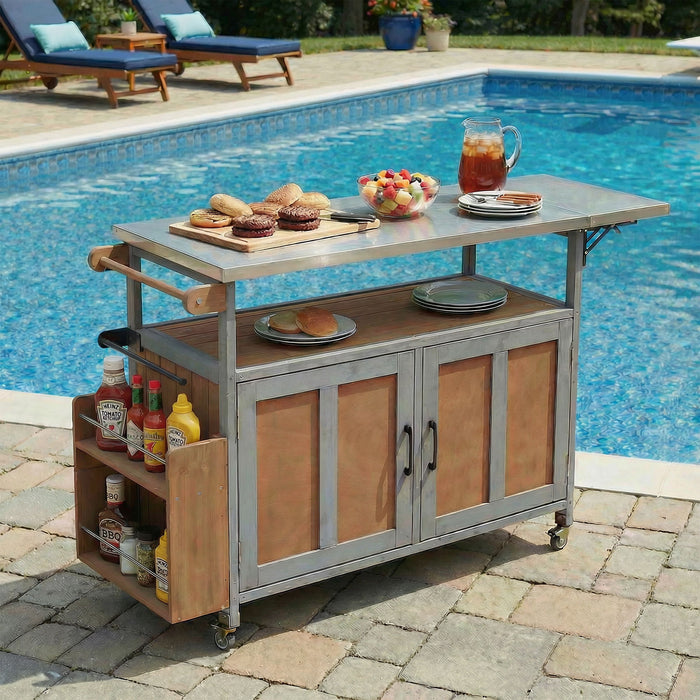 Foldable Outdoor Kitchen Island With Lockable Wheels, Storage Cabinet And Towel Rack For Patio