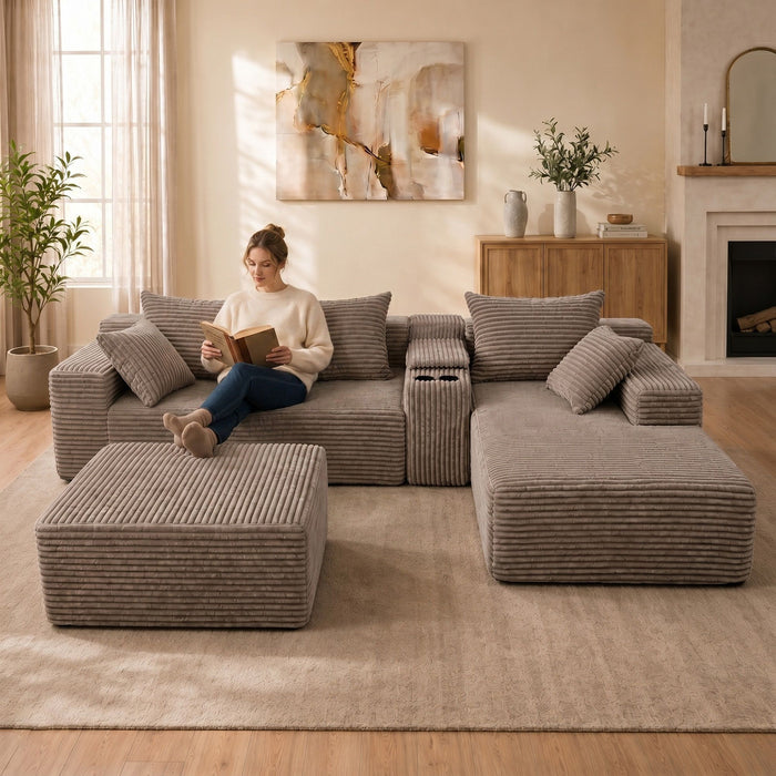U-Shaped Modular Sofa With Cup Holders And Storage For Living Rooms - Coffee