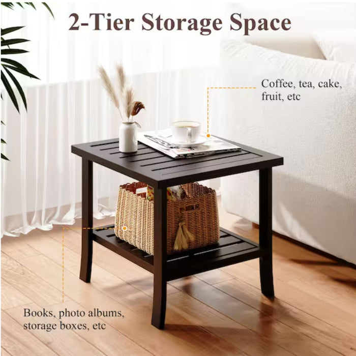 Square 2 Tier All-Weather Outdoor Side Table With Slatted Top