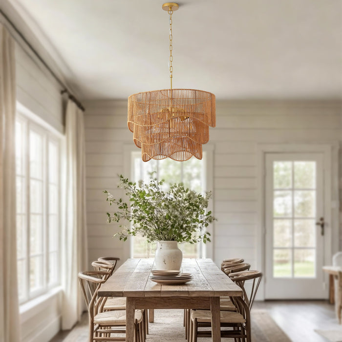 Chandelier With 7 Light E26 Base, Adjustable Height Wave Pendant Light For Living Room - Gold