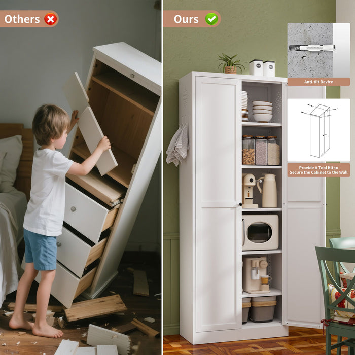 Kitchen Pantry Cabinet With Doors, Heavy-Duty Freestanding Storage Organizer With 5 Adjustable Shelves, Tool Free Assembly - White