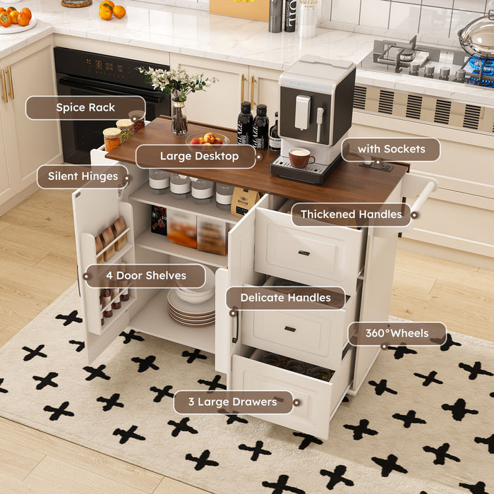 Kitchen Island Cart With Foldable Tabletop & Drop Leaf Mobile Breakfast Bar With Wood Top And Storage - White / Walnut