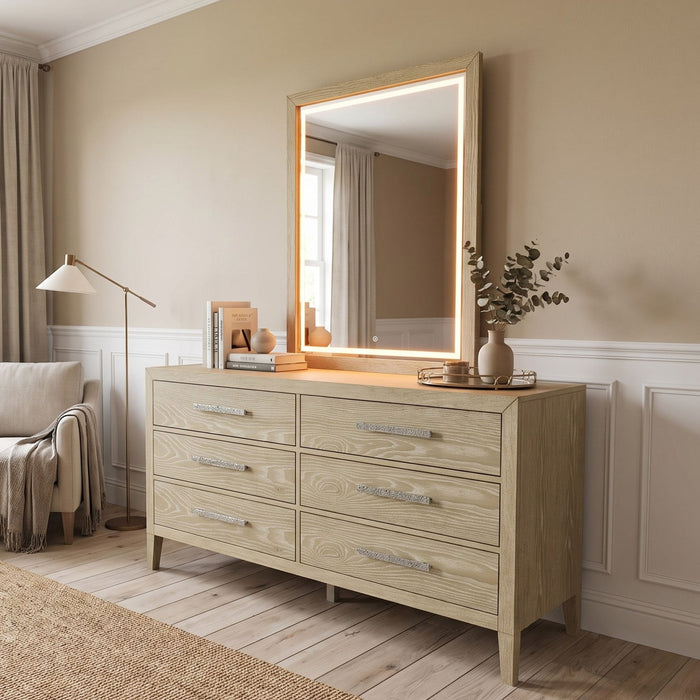 Adeline - 6 Drawers Dresser & Mirror With Jewelry Box & LED Light - Natural Wood Wash