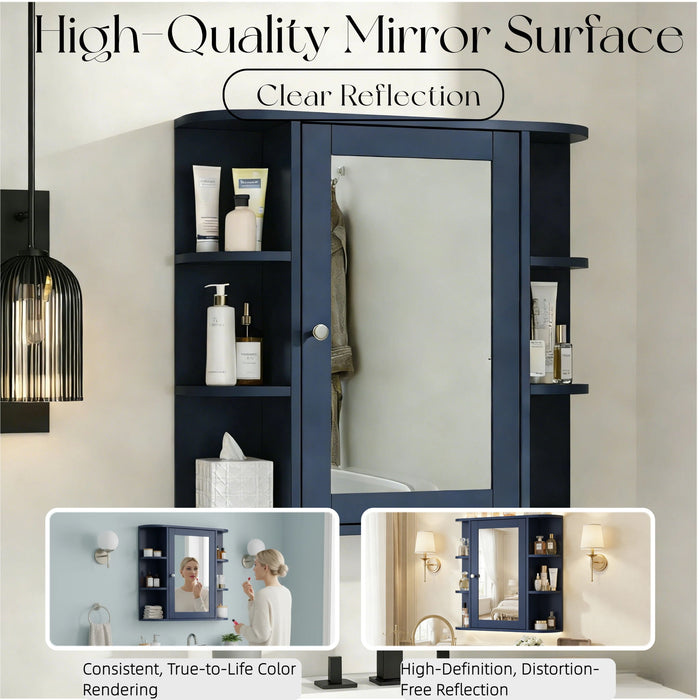 Bathroom Wall Storage Cabinet With Mirror And Adjustable Shelf, 6 Open Shelves