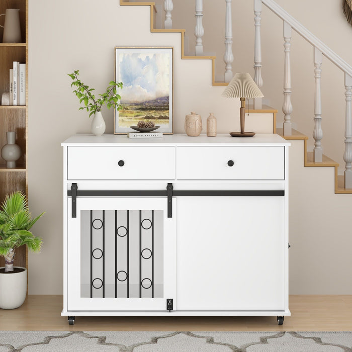 Dog Crate Furniture With Double Drawers And Sliding Barn Door, Pet Kennel For Small To Medium Dogs - White