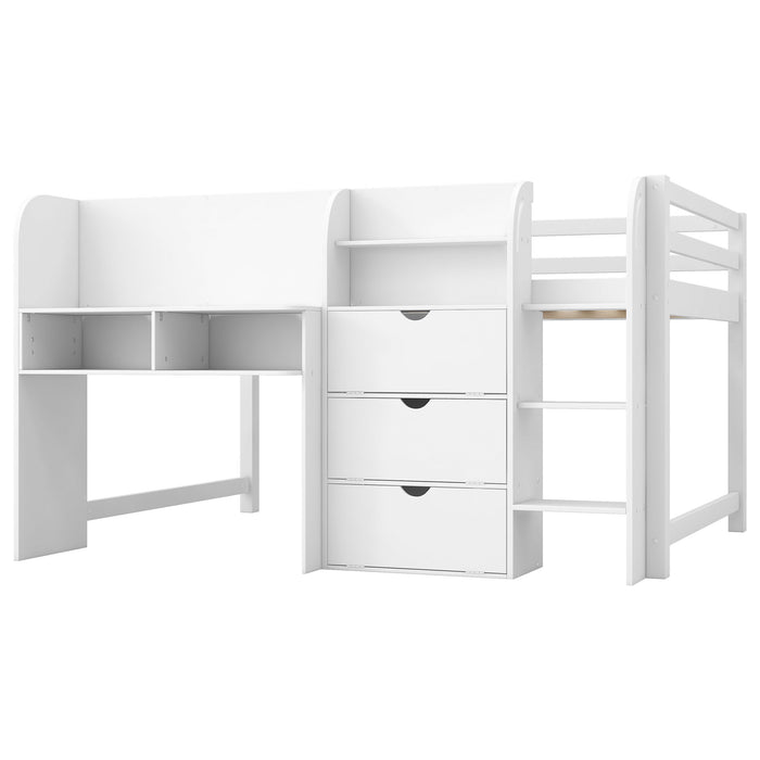 Low Loft Bed With Built In Desk, Storage Cabinets, Open Bookcase And Doodle Blackboard