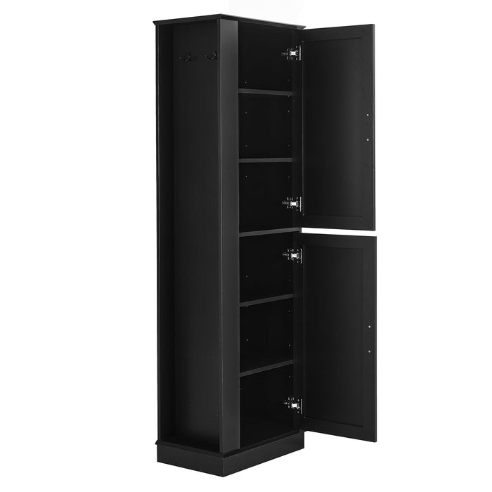 Tall Freestanding Bathroom Storage Cabinet With Adjustable Shelves And Side Hooks