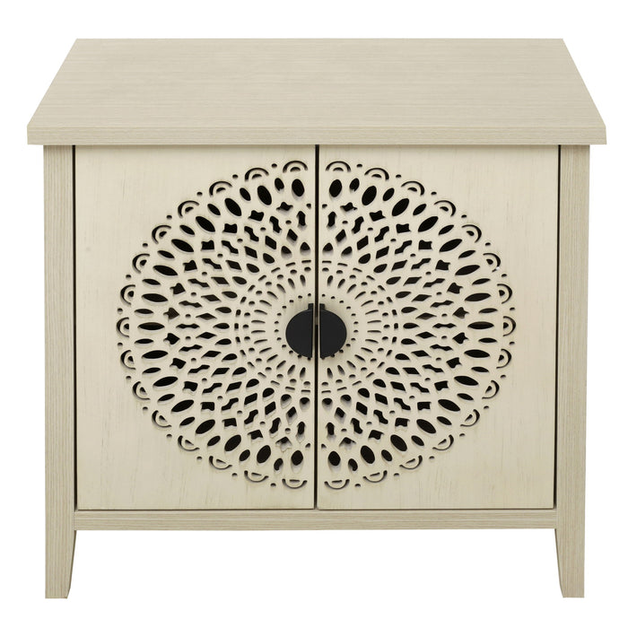 Hollow Carved 2 Door Accent Cabinet Sideboard Buffet Storage Cabinet With Adjustable Shelf For Entryway Living Room Bedroom - Natural