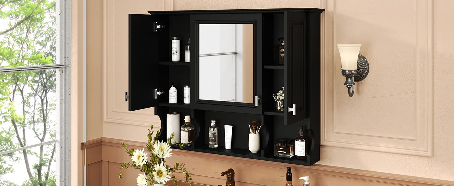 Wall Mounted Bathroom Medicine Wall Cabinet With Mirror & Open Shelves