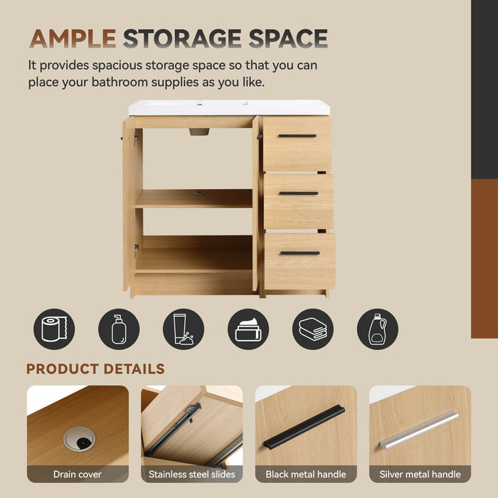 Freestanding Bathroom Vanity Set With Tall Linen Cabinet, 3 Drawers And Large Storage, Single Sink