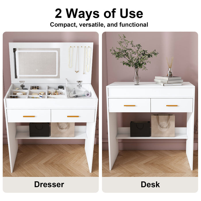 Flip Top Vanity Desk With LED Mirror & Outlet Makeup Table With 2 Drawers, Open Storage, And Jewelry Hooks - White