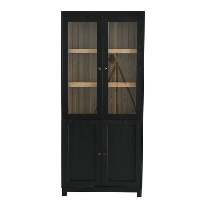 Mid Century Modern Style Tall Display Cabinet With Glass Doors For Collectibles - Black