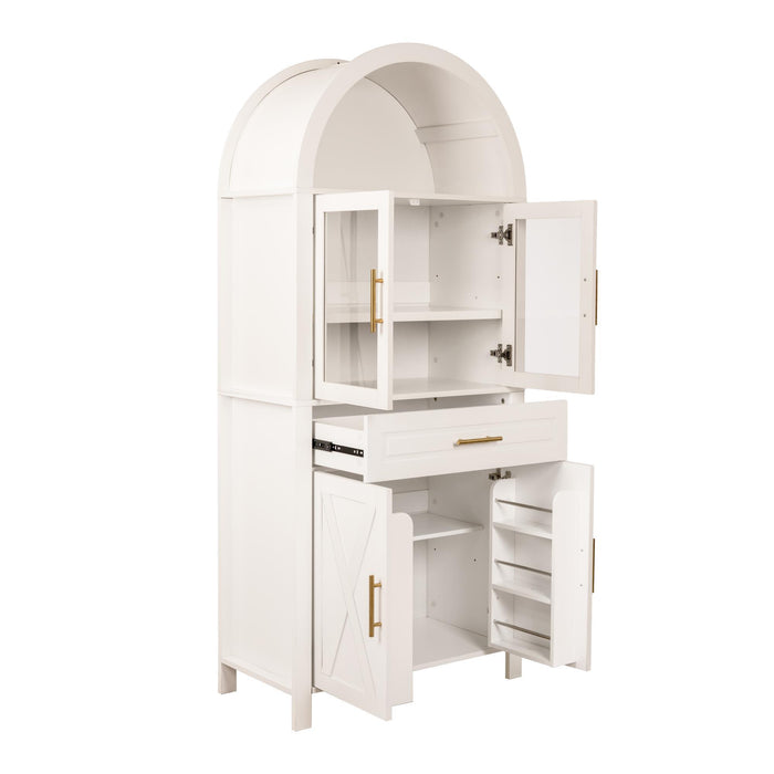 Arched Kitchen Pantry Cabinet With Adjustable Shelves & Barn Door Design