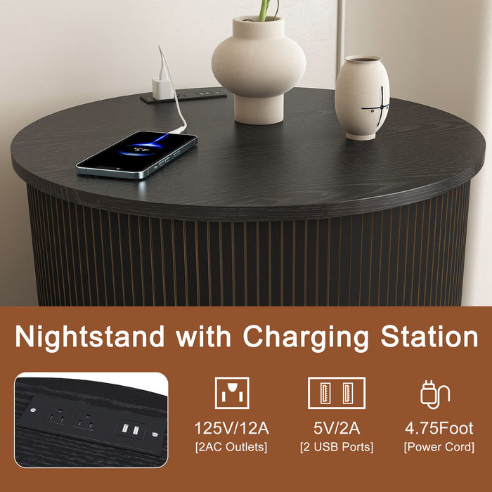 Cylinder Nightstand With Charging Station & Sliding Door