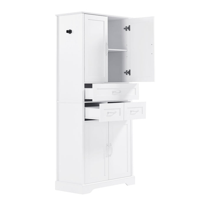 Tall Bathroom Storage Cabinet With 4 Doors 3 Drawers Adjustable Shelves - White
