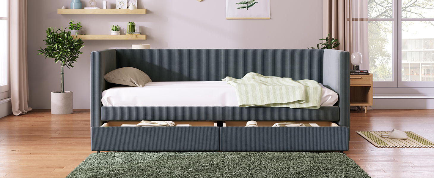 Corduroy Daybed With Two Drawers And Wood Slat