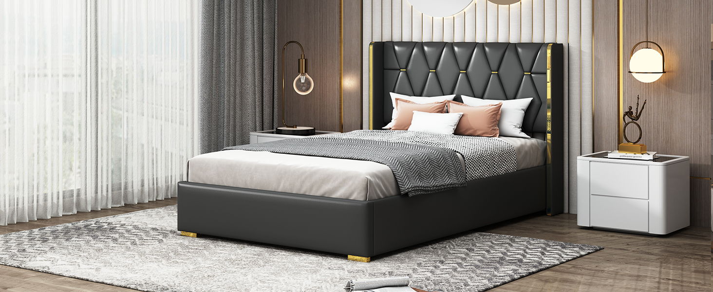 Upholstered Platform Bed With Strips - Black