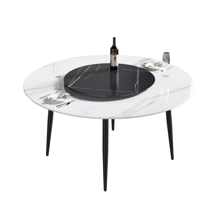 59.05" Modern Artificial Stone Round Metal Dining Table, Can Accommodate 6 People, Artificial Stone Turntable - Black / White