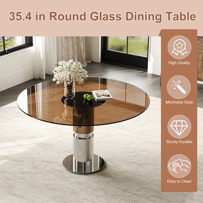 Round Glass Dining Table, Suitable For 2 - 4 People - Brown