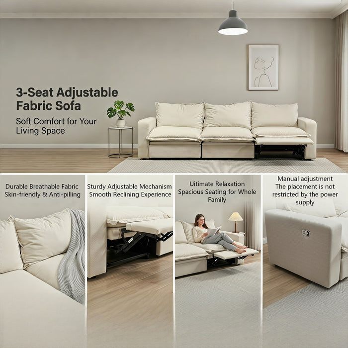 Plush Pillow Top Reclining Sofa, 3 Seat - Cream Beige