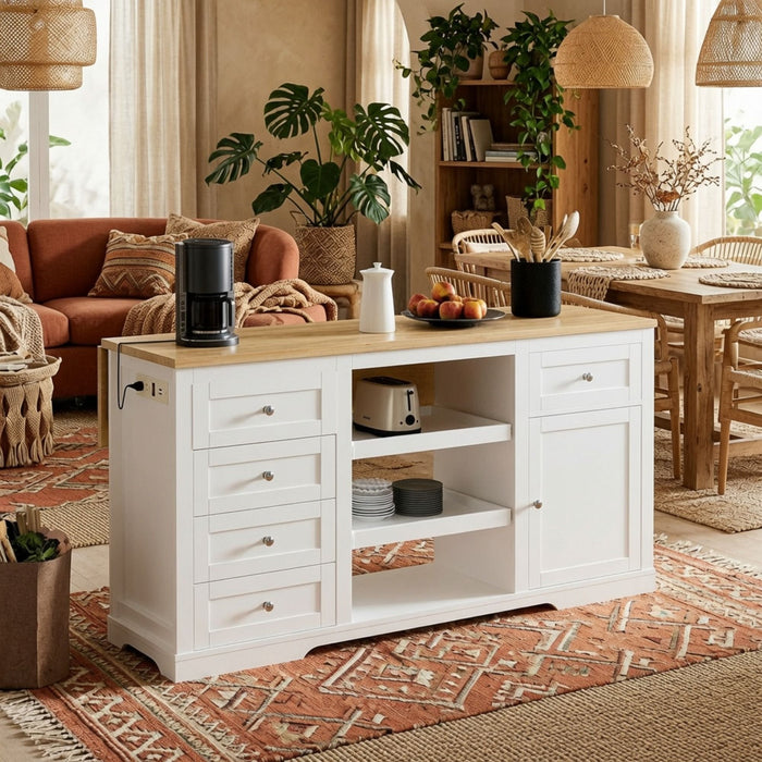 Drop Leaf Kitchen Island With Storage, Power Outlet & Pet Bowl Drawer - White / Light Oak