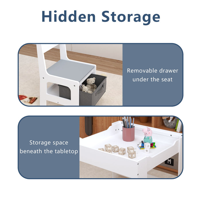 Kids Table And Chair Set, 3 In 1 Activity Table With Storage Drawer For Toddlers Drawing, Reading, Crafts, 2 In 1 Detachable Top - White