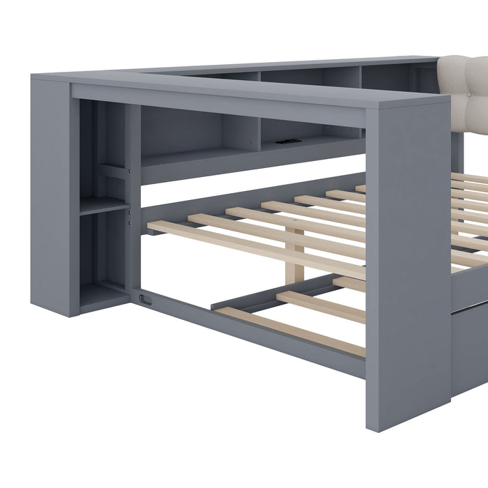 Upholstered Headboard Platform Bed With Storage Shelves, Trundle, Charging Station