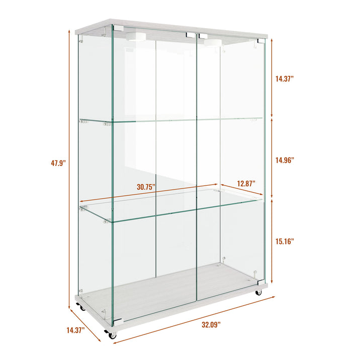 Modern Display Cabinet With LED Lights, Transparent Tempered Glass 2 Door Storage Case With 3 Shelves