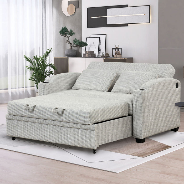 Pull Out Loveseat Sofa With Adjsutable Backrest, 2 Pillows, Cup Holders, USB Ports For Living Room