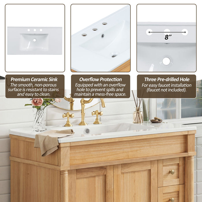 Modern Bathroom Vanity With Ceramic Sink, Soft Close Doors, Adjustable Shelves