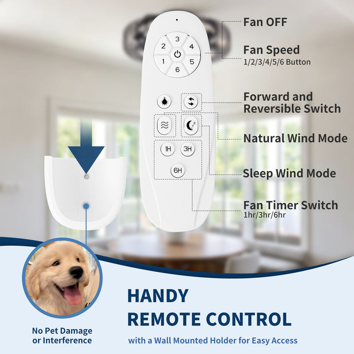 Flush Mount Ceiling Fan With Lights, Low Profile Fandelier With E12 Sockets, Reversible DC Motor, 6 Speeds - Black