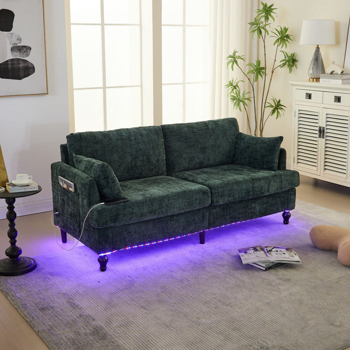 Chenille 2 Seater Sofa With LED Light, USB Charging Port, And Storage Bag