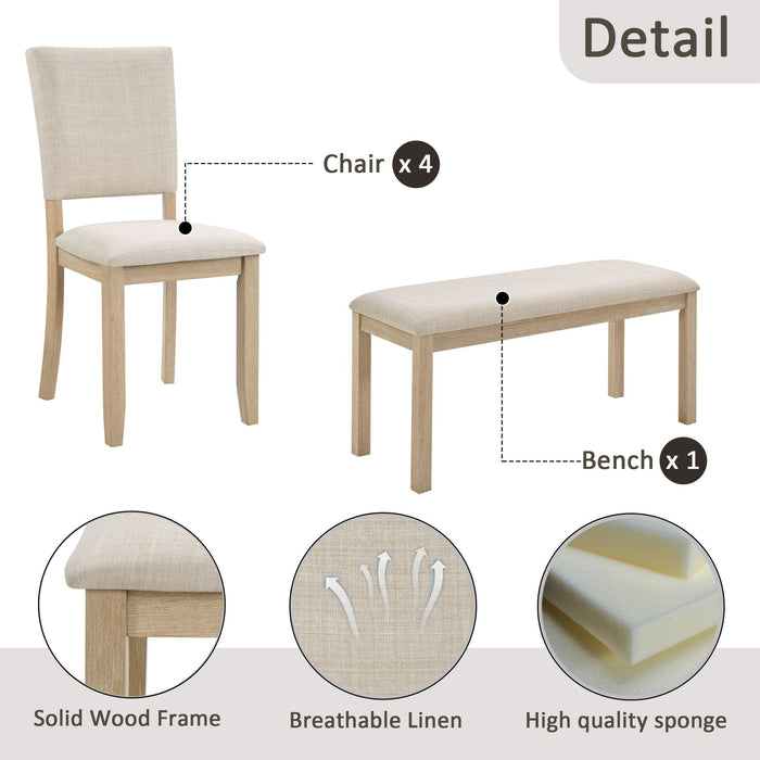 6 Piece Dining Table Set With Bench - Beige / Light Oak