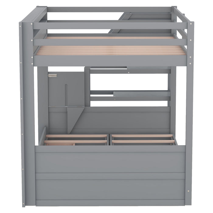 Wood Full Size Convertible Bunk Bed With Storage Staircase, Bedside Table, And 3 Drawers - Gray