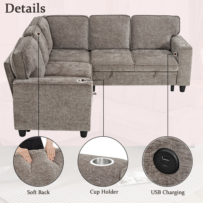 L-Shaped Sofa With Pull Out Sofa Bed With USB