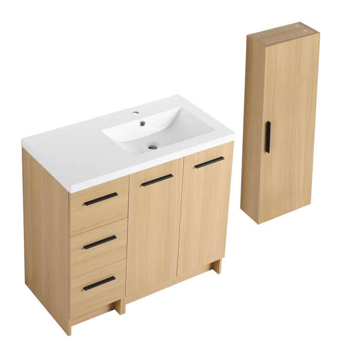 Freestanding Bathroom Vanity Set With Tall Linen Cabinet, 3 Drawers And Large Storage, Single Sink