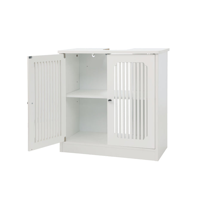Louvered Double Door Floor Standing Bathroom Vanity Cabinet With Adjustable Shelf - White