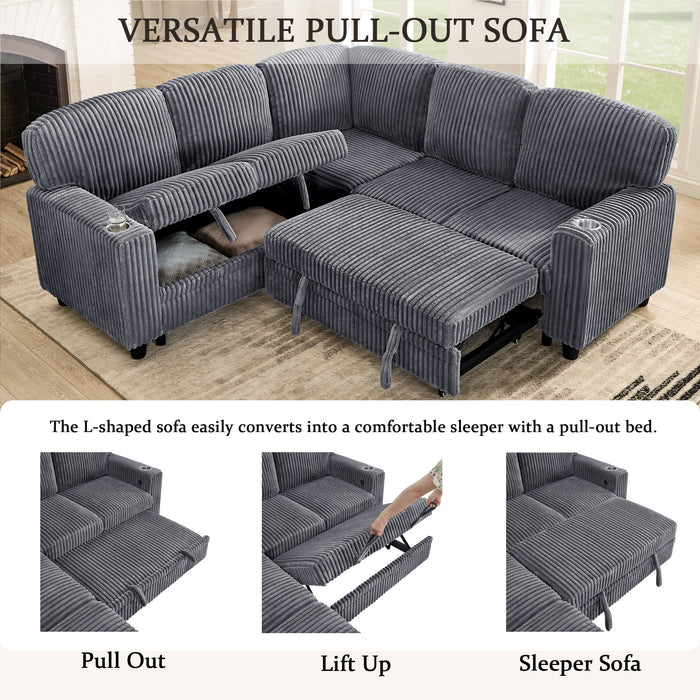 L-Shaped Sofa With Pull Out Sofa Bed With USB