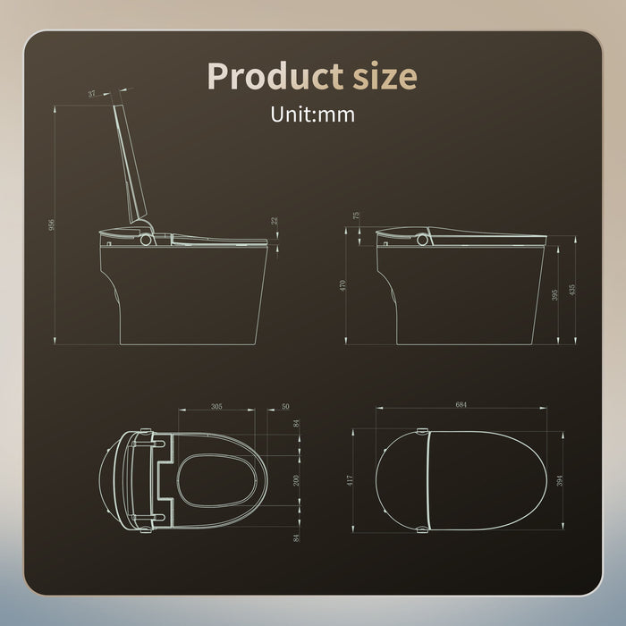 Tankless Smart Toilet With Bidet Built In, 1 Piece, Auto Flush, Auto Open / Close, Heated Seat, Bubble Wash, Warm Water And Dry, Adjustable Temp, Remote Control Side Know - White