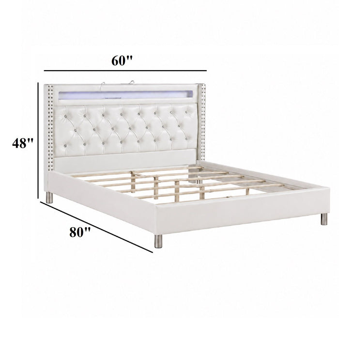 Modern Bed With LED Lights, Charging Port, Tufted Headboard