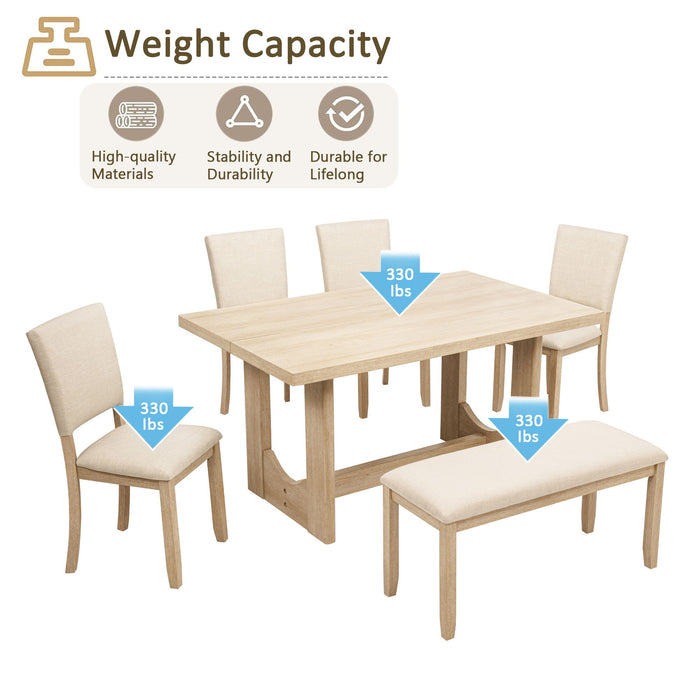 6 Piece Rectangular Kitchen Table Set With Bench And 4 Upholstered Chairs For Kitchen - Light Oak